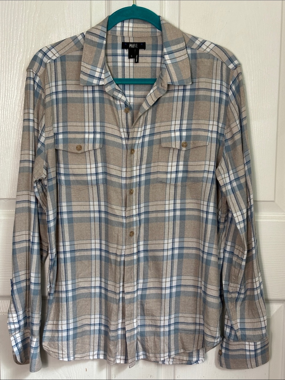 PAIGE Neutral and Blue Plaid Button-Down Lightweight Flannel Shirt Size Small